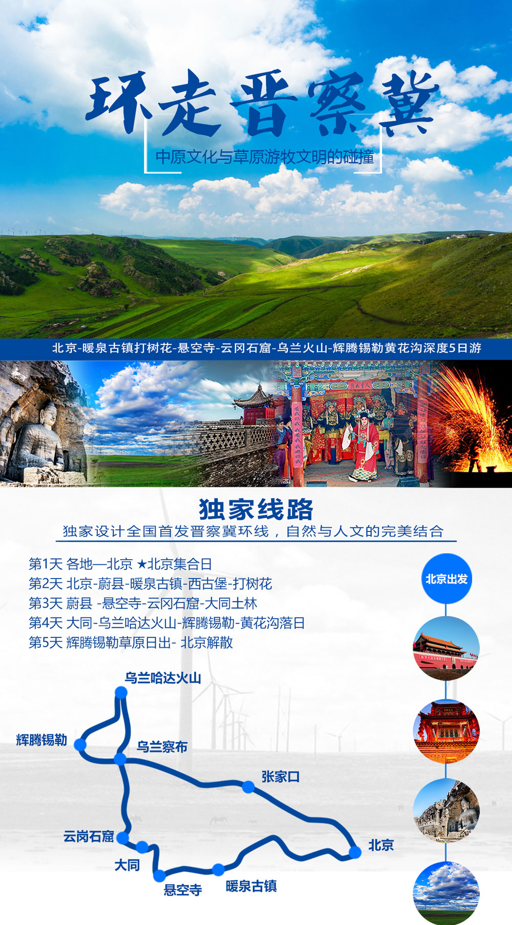 【环走晋察冀】6-8月 北京-暖泉古镇打树花-悬空寺-云冈石窟-乌兰火山-辉腾锡勒黄花沟深度5日游 - 体验民俗艺术、欣赏文化奇迹、探秘自然地貌、领略草原博大