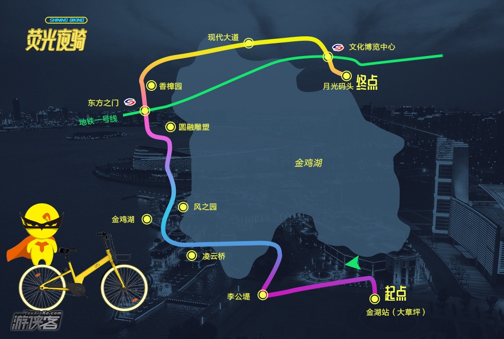 【都市夜侠·夜骑】7.15周六，金鸡湖荧光夜骑，当游侠邂逅小黄车，当湖景遇见光绘摄影，“炽亮风暴”，我们约定你！(独家限量赠送速干骑行T恤，手慢无）