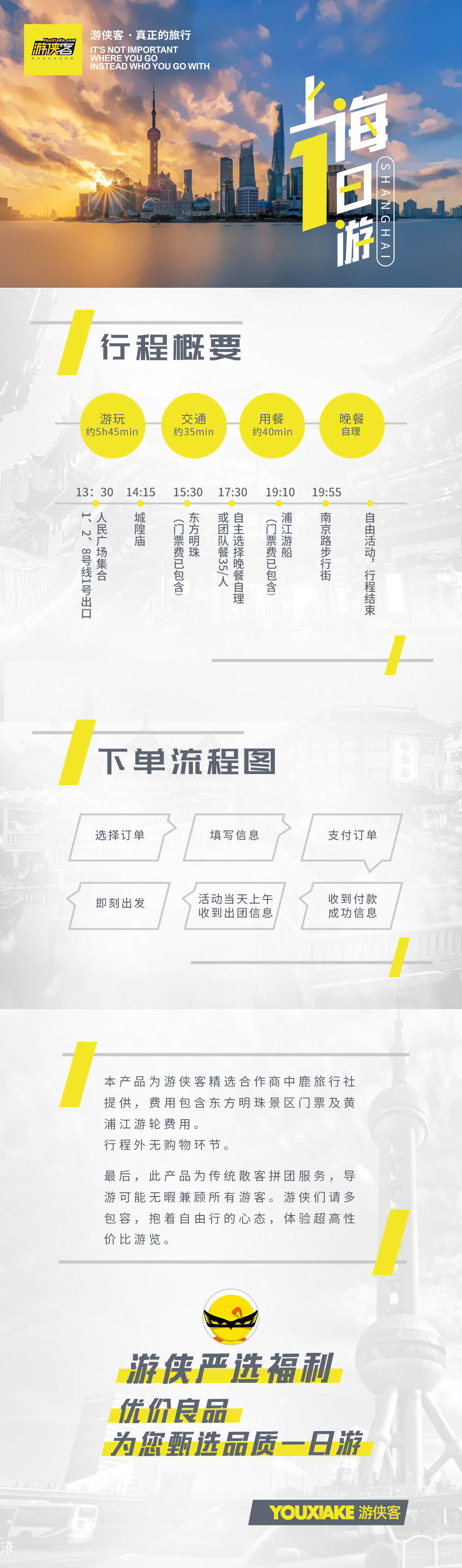【上海玩乐·跟团上海一日游 (当地散拼）】一人成型，东方明珠+南京路步行街+城隍庙旅游区+外滩+黄浦江一日游 - 游侠客严选，为您甄选纯玩一日游，无购物，包含东方明珠+浦江游船门票，此产品由中鹿旅行社提供，游侠客代理出品
