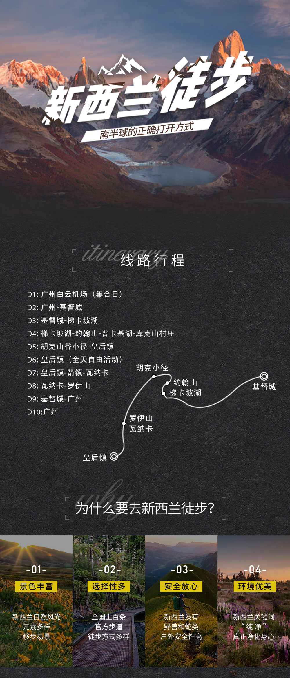【新西兰徒步】南岛经典三条步道，基督城-梯卡坡-瓦纳卡-皇后镇，雪山-湖泊-河流，暗黑星空保护区，10天7晚徒步丈量纯净新西兰 - <广州往返，9人成行>世界知名徒步道，约翰山+胡克山谷+罗伊峰，强度循序渐进；皇后镇一日自由活动，放飞自我；世界星空保护地梯卡坡湖，银河倒挂。没有危险的徒步之旅，轻装上阵，走进纯净！