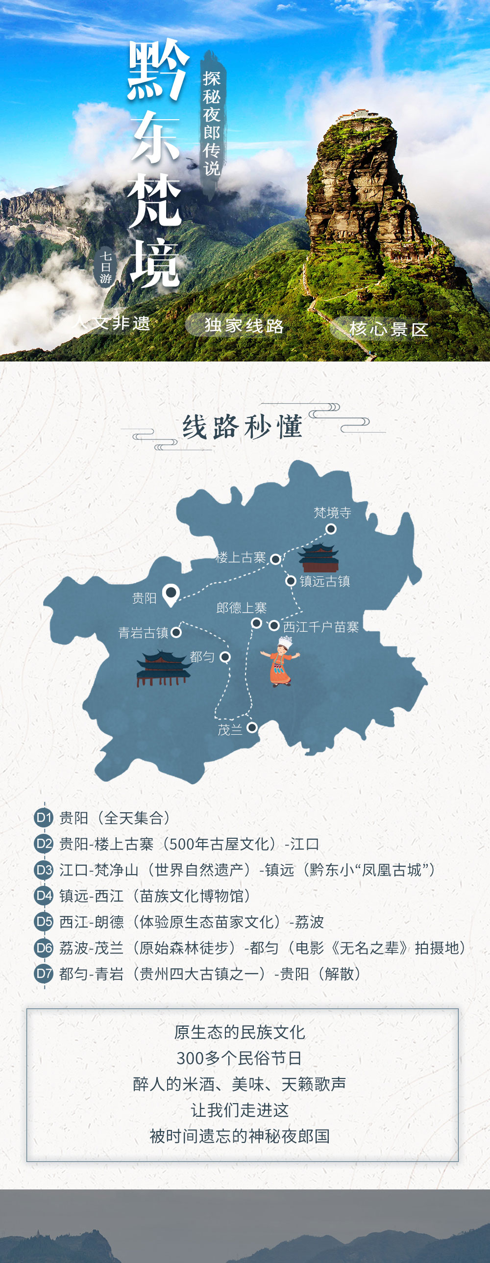 【黔东梵境】贵州圣地梵净山-楼上古寨-镇远古镇-西江千户苗寨-荔波大小七孔-小众朗德上寨-网红夜郎谷，深度体验贵州旎游风光，7日/3日小车团套餐可选  门票半价优惠！ - <100天限时优惠>2019年全新升级，行程内容丰富，风光人文并存，安排更加合理！