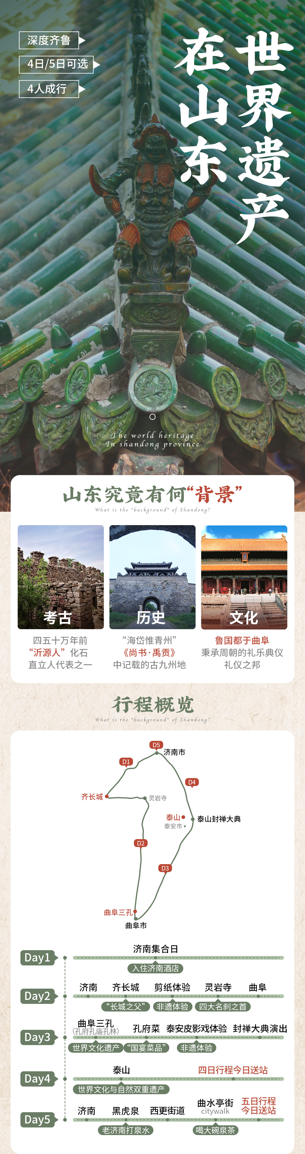 【国家宝藏在山东】1团配1司机+1导游 穿汉服游曲阜三孔-登顶五岳独尊泰山-深入齐长城秘境-体验泰安皮影戏-手作胶东剪纸，赠送地道孔府菜（4日/5日可选，济南集合） - <一山一水一圣人>VIP团出游，一网打尽世界遗产：泰山/三孔/齐长城，可选济南/泰安解散
