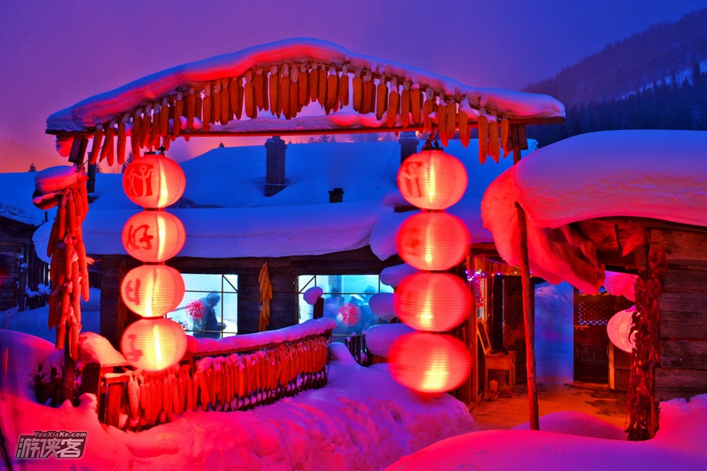 大红灯笼高高挂,在这白雪覆盖的大地上显得别样的喜庆