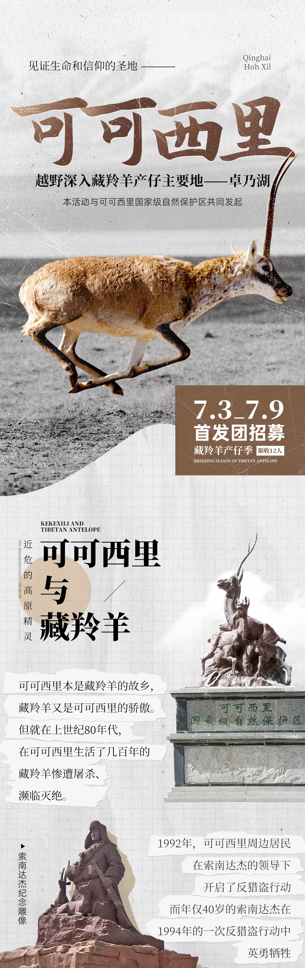 【可可西里公益行 · 认养藏羚羊】7.3-7.9 藏羚羊产仔季，越野车深入可可西里：藏羚羊产仔地“卓乃湖”/野生动物频繁出没地“新生湖”/与雪山交相辉映的“库赛湖”！ - 联合可可西里自然保护区官方，捐助认养藏羚羊幼崽，颁发“可可西里公益志愿者”证书。