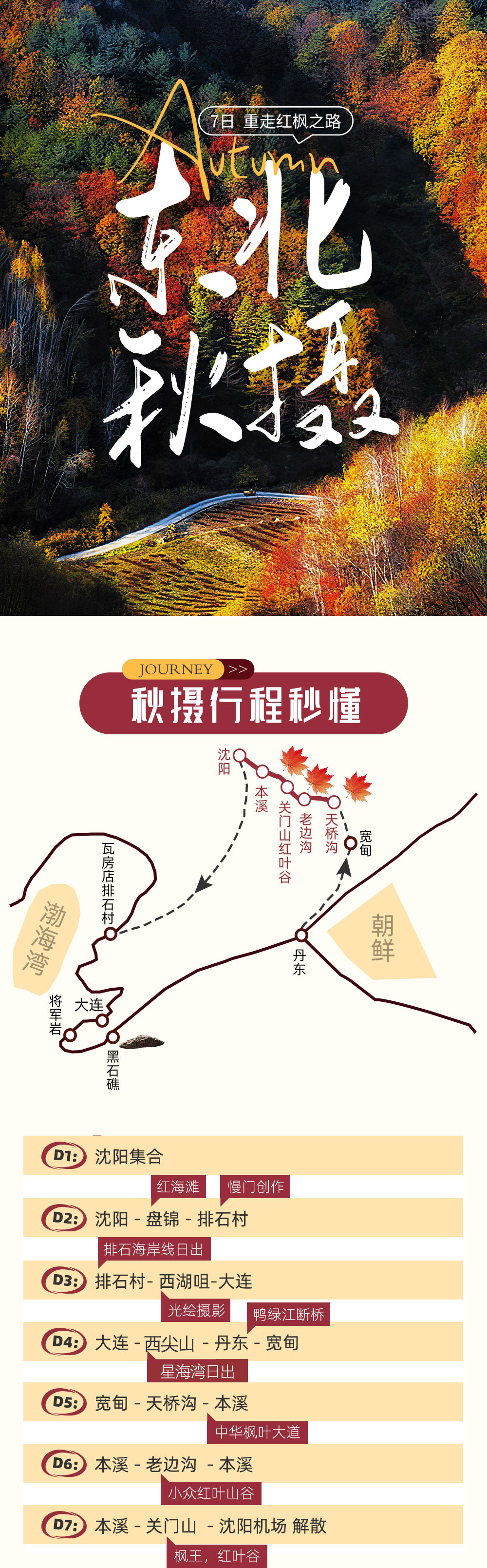 东北秋摄丨大连海岸线+辽东红叶谷，精华环线7日 - 盘锦红海滩丨关门山红枫丨老边沟彩林丨天桥沟红叶谷丨中华枫叶大道丨星海湾大桥日出丨网红排石村丨西湖咀将军石丨海岸线慢门教学